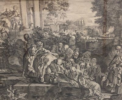 an old drawing of a group of people gathered around a man laying on the ground