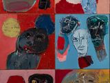 tableau représentant un groupe de personnes aux visages variés sur un fond rouge