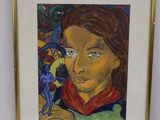 tableau représentant une femme avec un oiseau sur l'épaule, dans un cadre doré