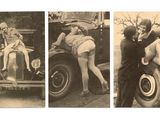 trois photos d'époque montrant une femme appuyée contre une voiture et un homme appuyé contre l'arrière d'une voiture