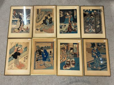six estampes japonaises encadrées représentant une femme et un chat