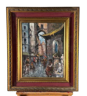 une peinture à l'huile représentant une scène de rue avec des personnes marchant dans la rue