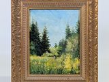 un tableau représentant un champ avec des arbres et des fleurs jaunes, dans un cadre doré
