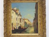 tableau représentant une gondole sur un canal, avec des bâtiments en arrière-plan
