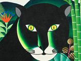 a painting of a black cat in the jungle