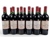 six bottles of red wine lined up in a row on a white surface