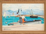 une peinture à l'huile représentant un bateau amarré dans un port, avec des montagnes en arrière-plan