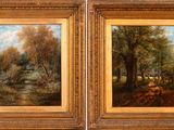 deux tableaux représentant un paysage boisé avec une rivière et des arbres