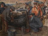 a painting of a group of people working on a boat
