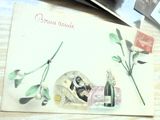une carte postale sur laquelle figurent un chat et une bouteille de vin