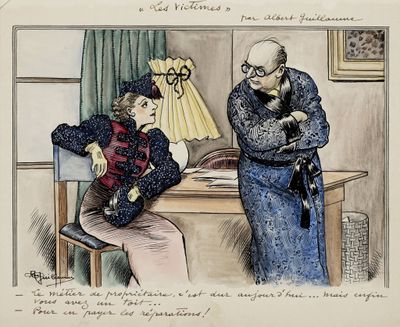 un dessin représentant un homme et une femme assis à une table