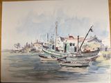 a watercolor painting of a boat in the water