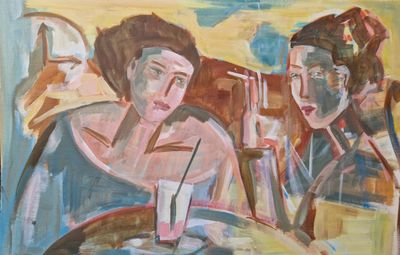 tableau représentant deux femmes assises à une table, avec des verres devant elles