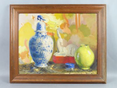 a painting of a vase and an apple on a table