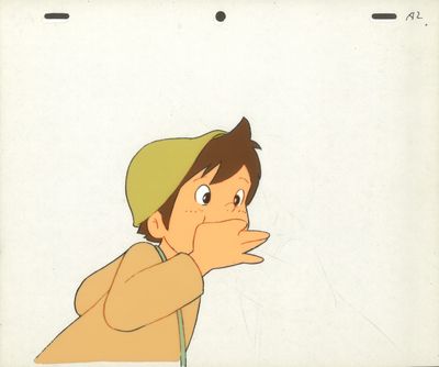 cellule d'animation représentant un jeune garçon coiffé d'un chapeau vert, la main sur le visage