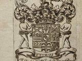 an old book with a drawing of a coat of arms on it