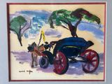 a painting of a horse pulling a carriage with a man in it