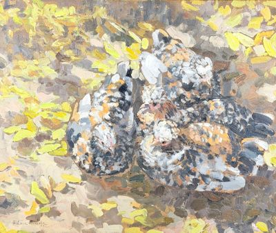 a painting of a couple of teddy bears sitting on the ground