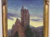 an oil painting of a castle in a field with a sky in the background
