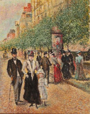 une peinture à l'huile représentant un groupe de personnes marchant dans une rue