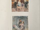 two watercolor paintings of a woman and a child in a living room