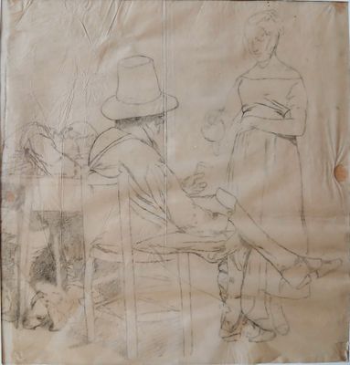dessin représentant une femme assise sur un banc à côté d'un chien