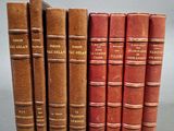 plusieurs vieux livres sont alignés sur une surface grise