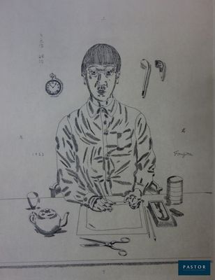 un dessin représentant un homme assis à une table avec une tasse de café