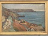 une image représentant une peinture d'une côte rocheuse avec un bateau dans l'eau
