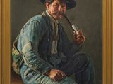 une peinture à l'huile représentant un homme fumant la pipe et portant un chapeau