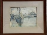 painting of a boat docked in a harbor with people walking on the dock