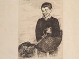 un dessin représentant un garçon avec un chien en laisse