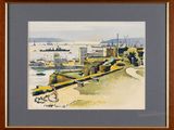 framed watercolor painting of a harbor scene with boats and ships