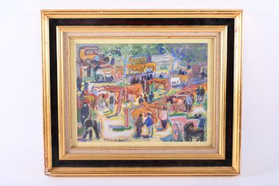 framed painting of a busy street scene with a horse drawn carriage