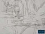 drawing of a vase on a table with a person sitting at it