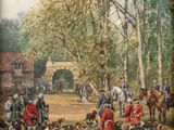an image of a painting of a group of people with horses and dogs