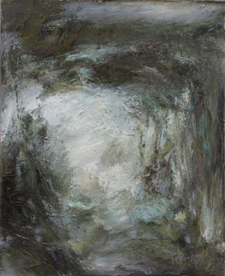 an abstract painting of a dark green and white square