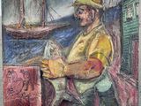 une peinture à l'huile représentant un homme tenant un poisson dans ses mains