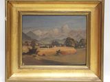 une peinture à l'huile d'un paysage avec des montagnes en arrière-plan