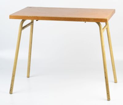a small wooden table with two legs on a white background