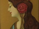 tableau représentant une femme en robe bleue, avec une rose rouge dans les cheveux