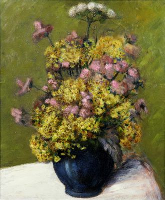 une peinture de fleurs dans un vase sur une table