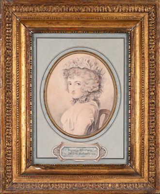 portrait of a woman in a hat and dress, framed in a gold frame