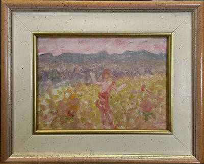 an oil painting of a woman in a field with mountains in the background