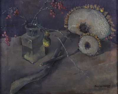 a painting of a still life with flowers and fruit on a table