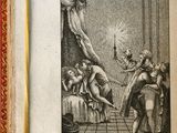 un vieux livre avec l'image d'une femme dans une pièce