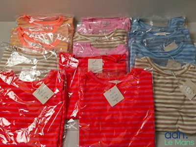 de nombreux t-shirts de différentes couleurs exposés dans une boîte