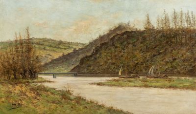 un tableau représentant une rivière avec un pont au loin