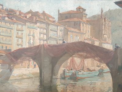 a painting of a painting of a bridge over a river