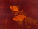 two gold fish swimming in a pond of water